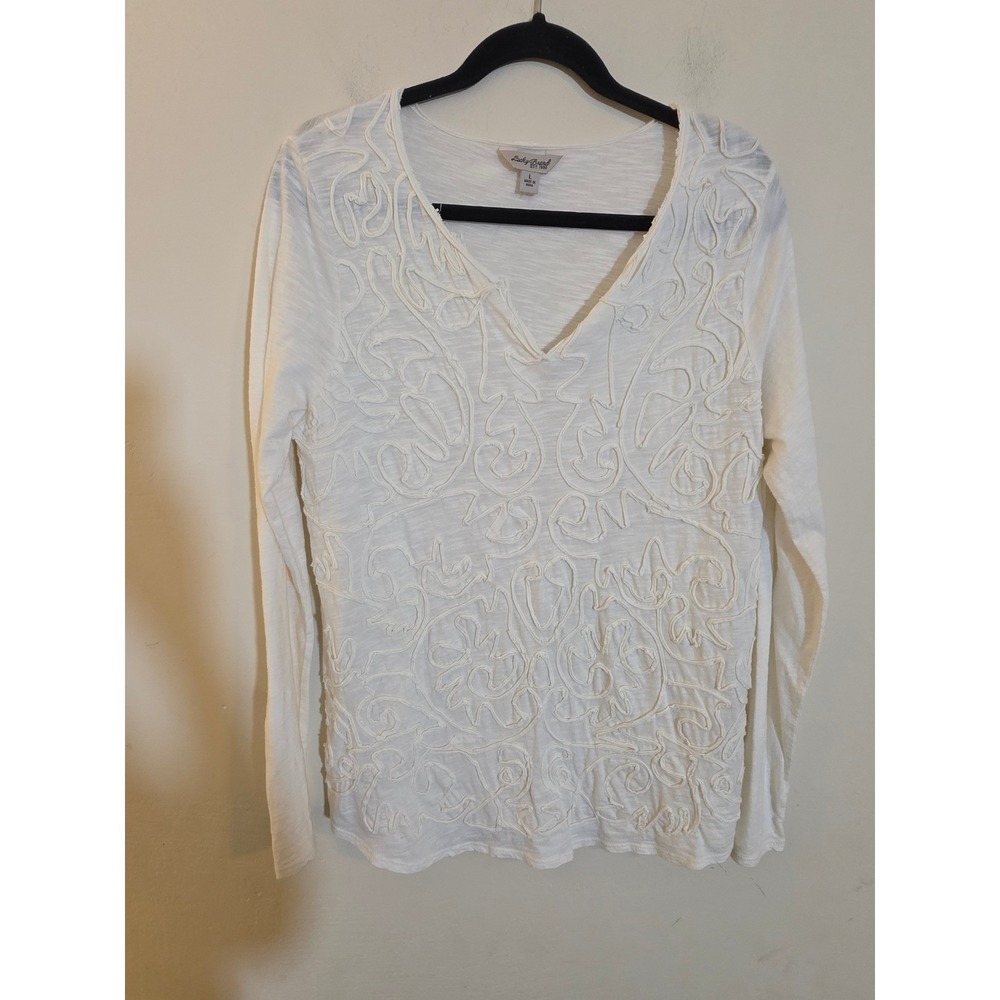 Lucky Brand Womens White Embroidered V-Neck Long Sleeve Slub Knit Top Large Boho